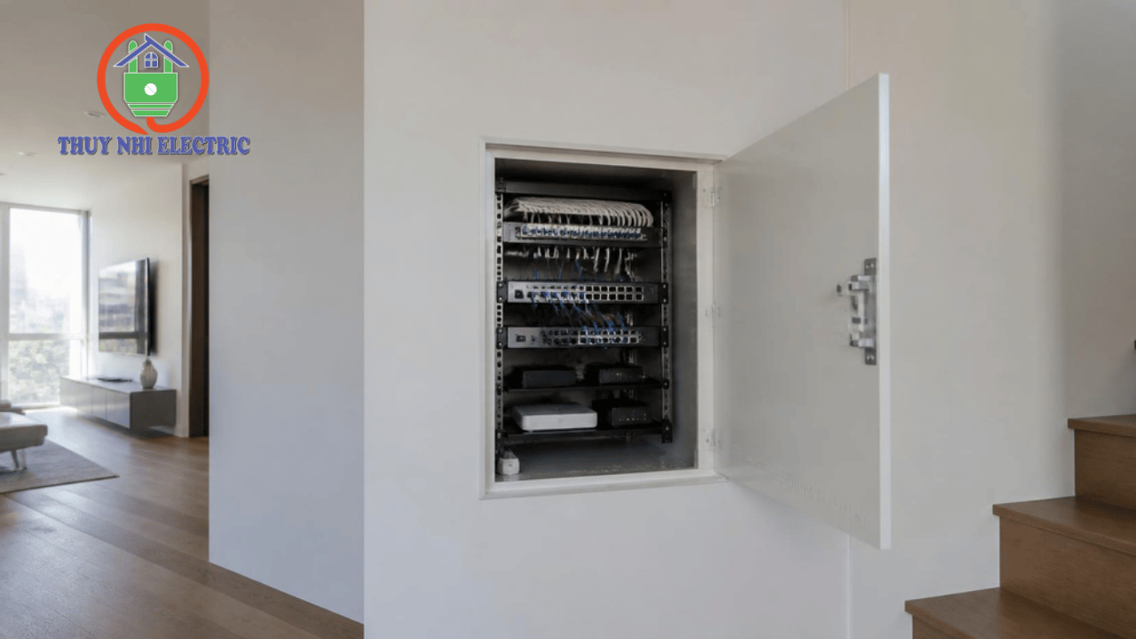 Tủ mạng âm tường lắp gọn trong căn hộ hiện đại, chứa switch và thiết bị mạng
