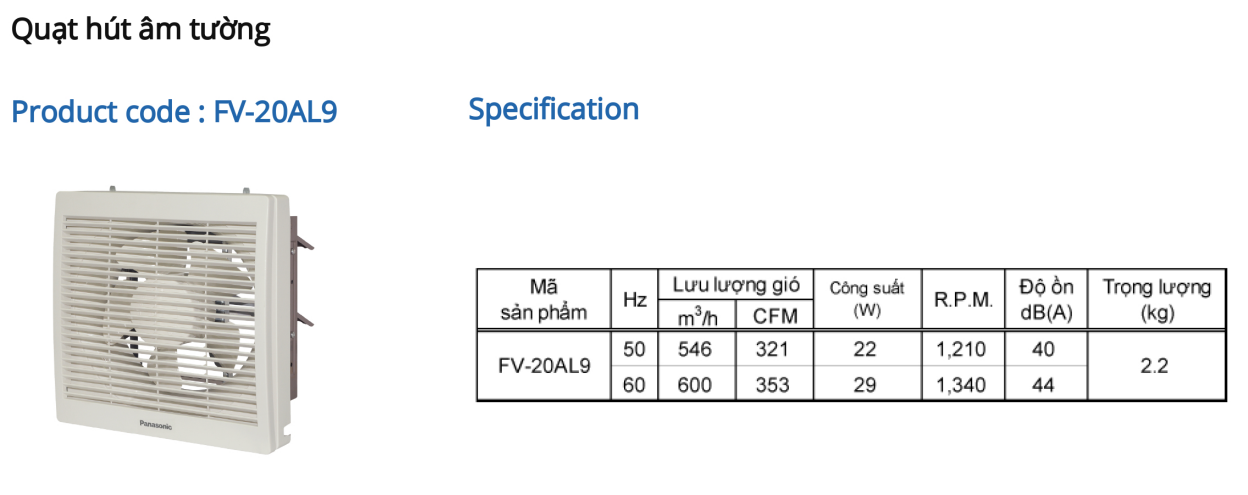 Thông số kỹ thuật Quạt hút âm tường panasonic FV‑20AL9