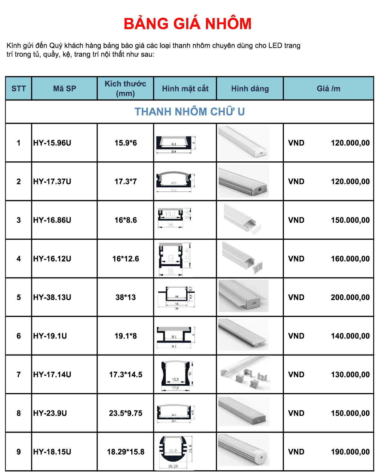 Bảng giá thanh nhôm profile định hình led tạo hình nghệ thuật