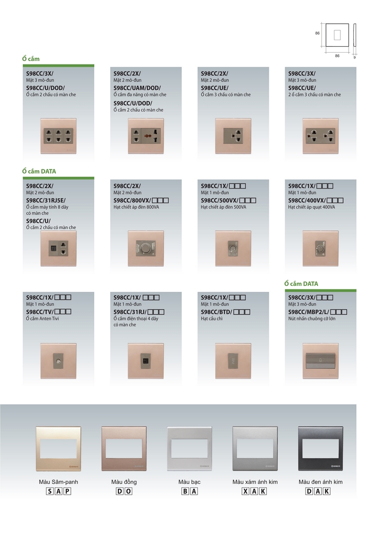 Catalogue công tắc ổ cắm sino s98cc seri