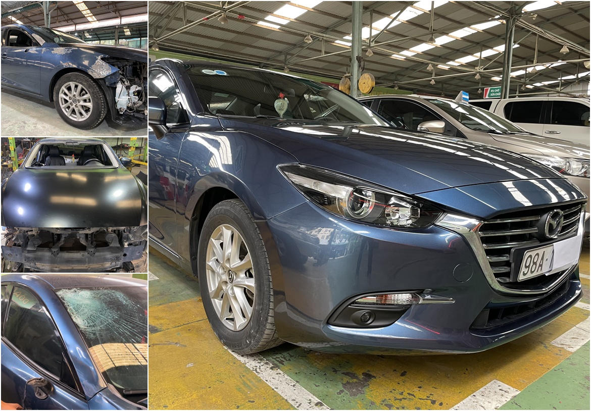 SỬA VẾT MÓP XE MAZDA3 BỊ TAI NẠN VA CHẠM PHẦN ĐẦU XE MÓP CỘT A