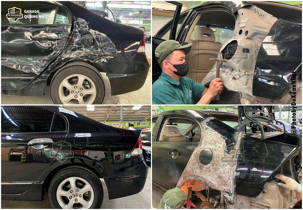 PHỤC HỒI XE TAI NẠN HONDA CIVIC HÔNG XE NHÀU NÁT - CỬA XE BIẾN DẠNG NẶNG - XỬ LÝ HƯ HỎNG GẦM XE