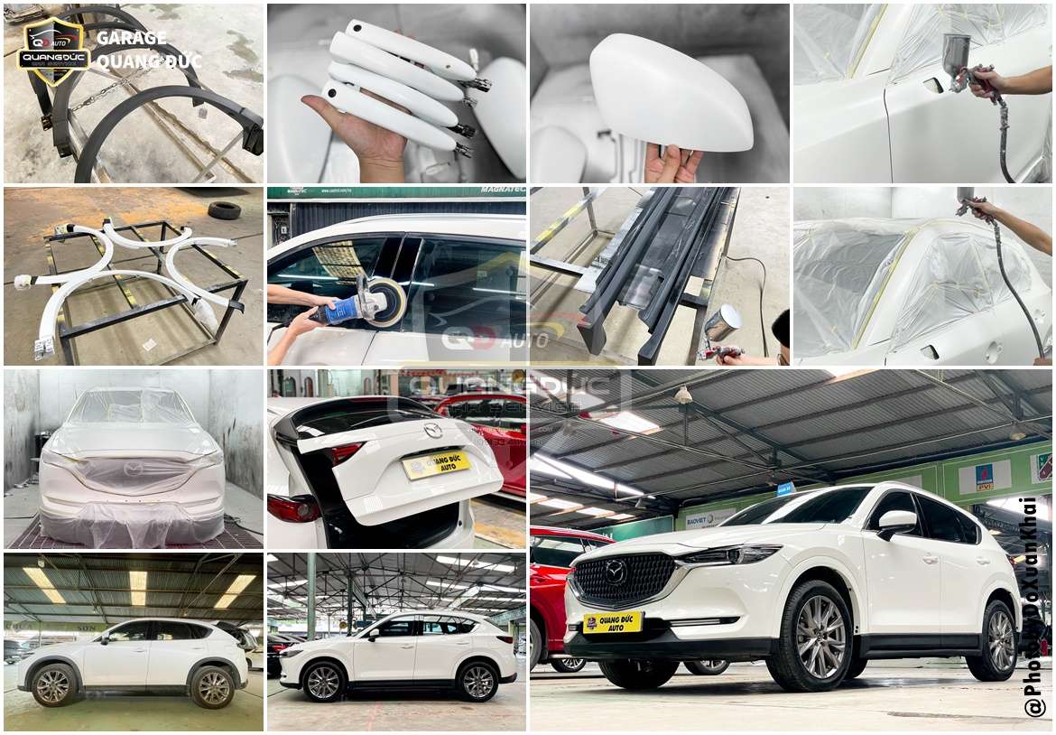 SƠN QUÂY XE MAZDA CX5 MÀU TRẮNG NGUYÊN BẢN KẾT HỢP ĐỔI MÀU ỐP NHỰA QUANH XE