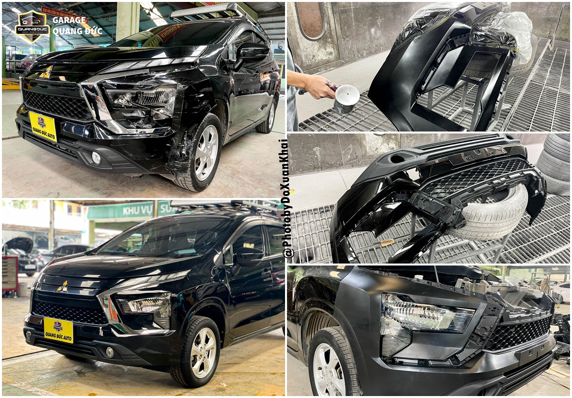 PHỤC HỒI XE TAI NẠN MITSUBISHI XPANDER MÀU ĐEN: THAY CẢN TRƯỚC, ĐÈN PHA, NẸP MẠ CROM...