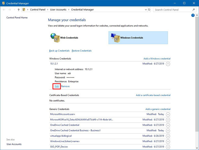 Cách sửa thông tin đăng nhập mạng nội bộ bằng Credential Manager trong Windows 10