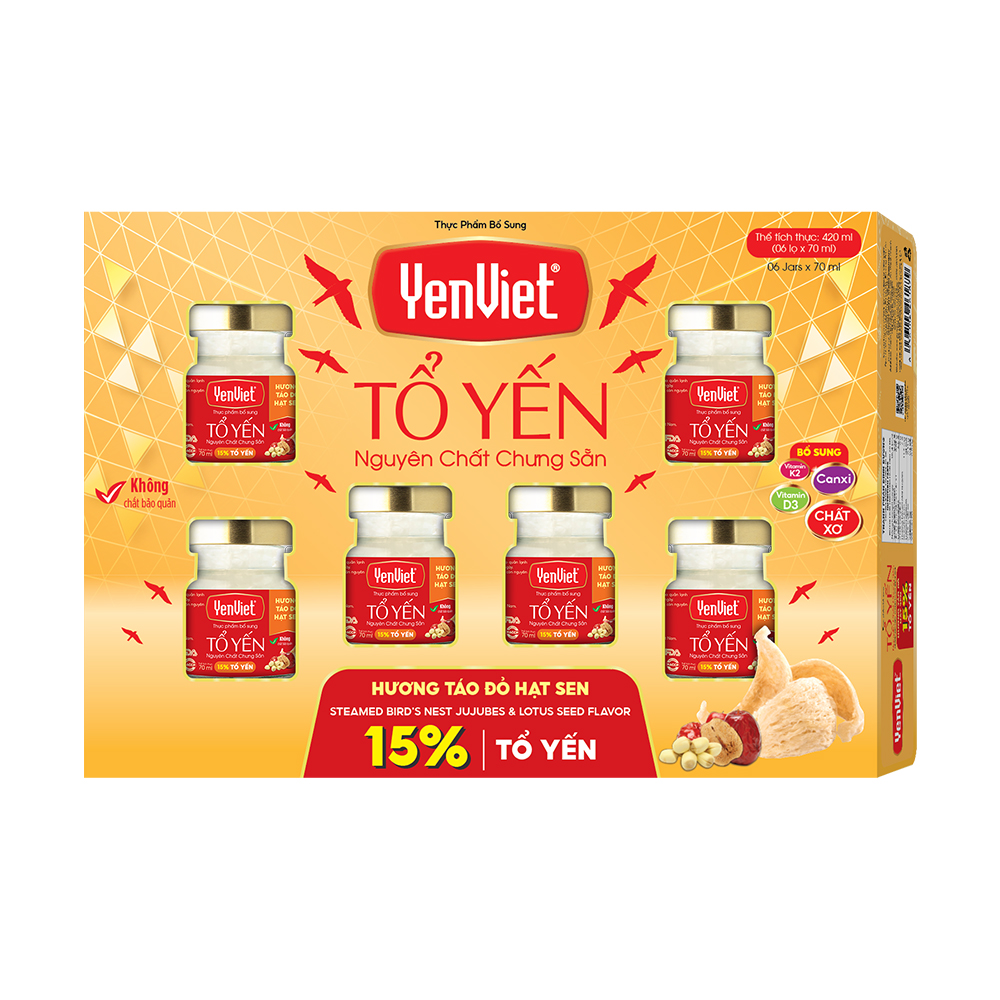 Tổ Yến Nguyên Chất Chưng Sẵn Vị Táo Đỏ Hạt Sen (15% Tổ Yến)- Hộp 06 lọ x 70ml