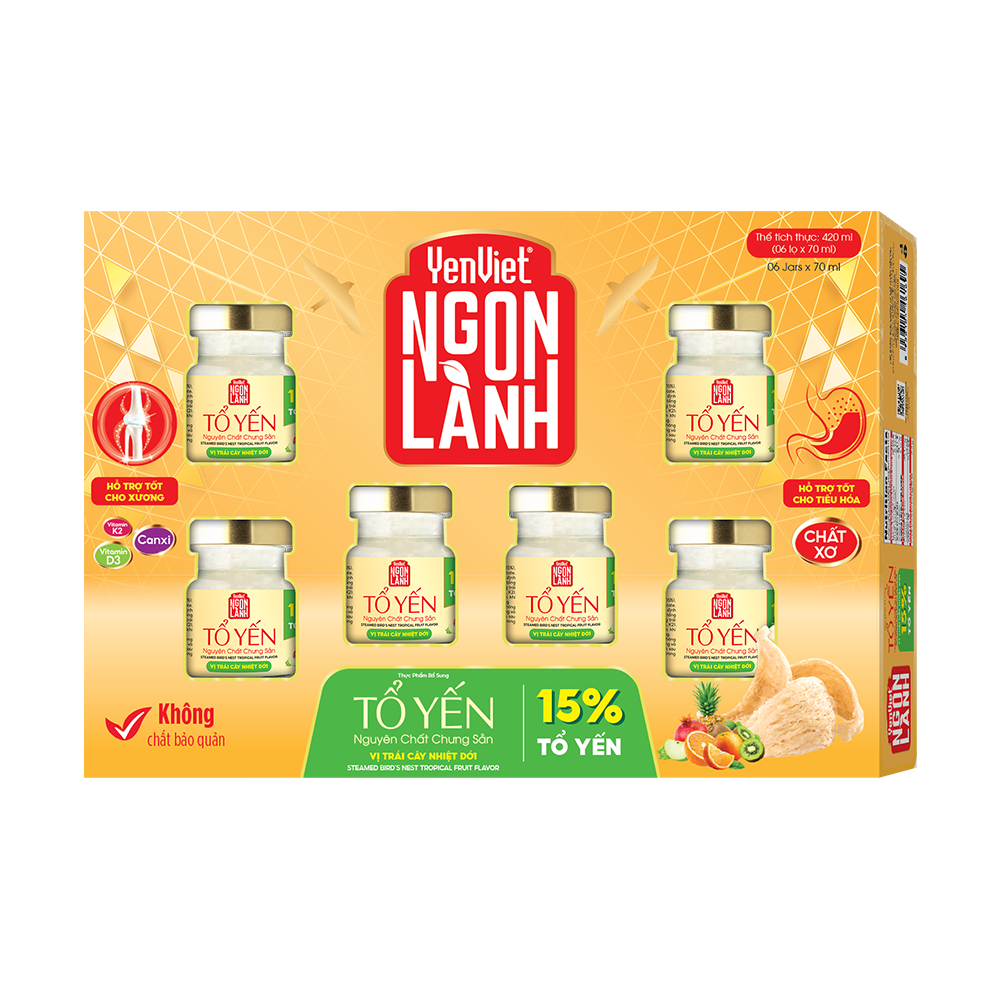 Tổ Yến Nguyên Chất Chưng Sẵn Yenviet Ngon Lành Vị Trái Cây Nhiệt Đới (15% Tổ Yến) - Hộp 06 lọ x 70ml