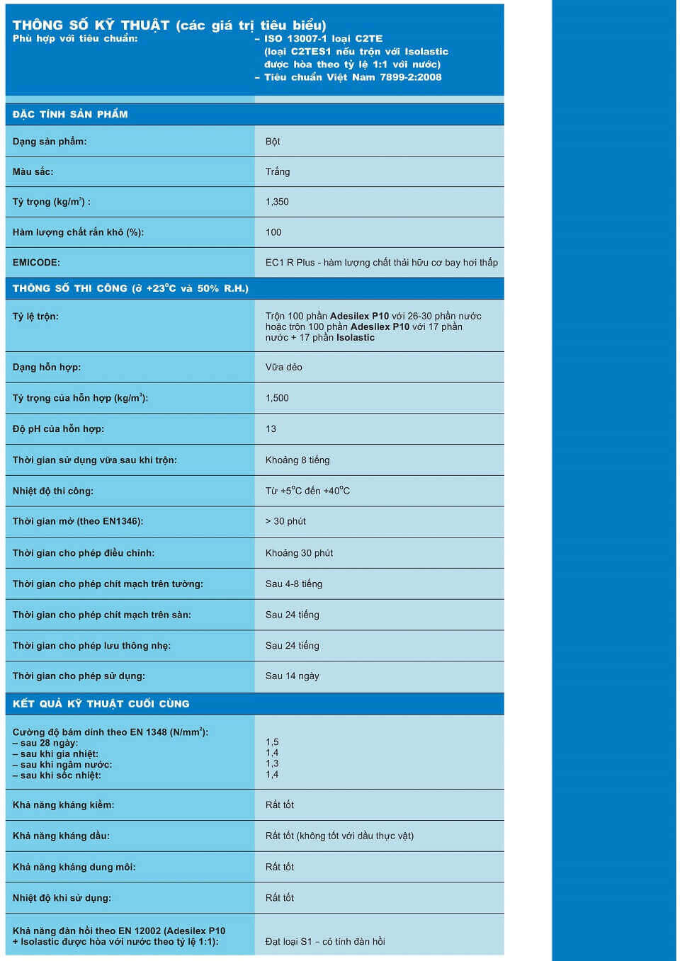 thông số kỹ thuật adesilex P10