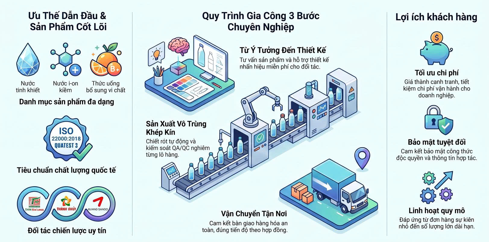 GIẢI PHÁP GIA CÔNG TRỌN GÓI (OEM/ODM) NƯỚC UỐNG ĐÓNG CHAI, ĐÓNG BÌNH, NƯỚC GIẢI KHÁT & THỨC UỐNG BỔ SUNG – NÂNG TẦM THƯƠNG HIỆU DOANH NGHIỆP
