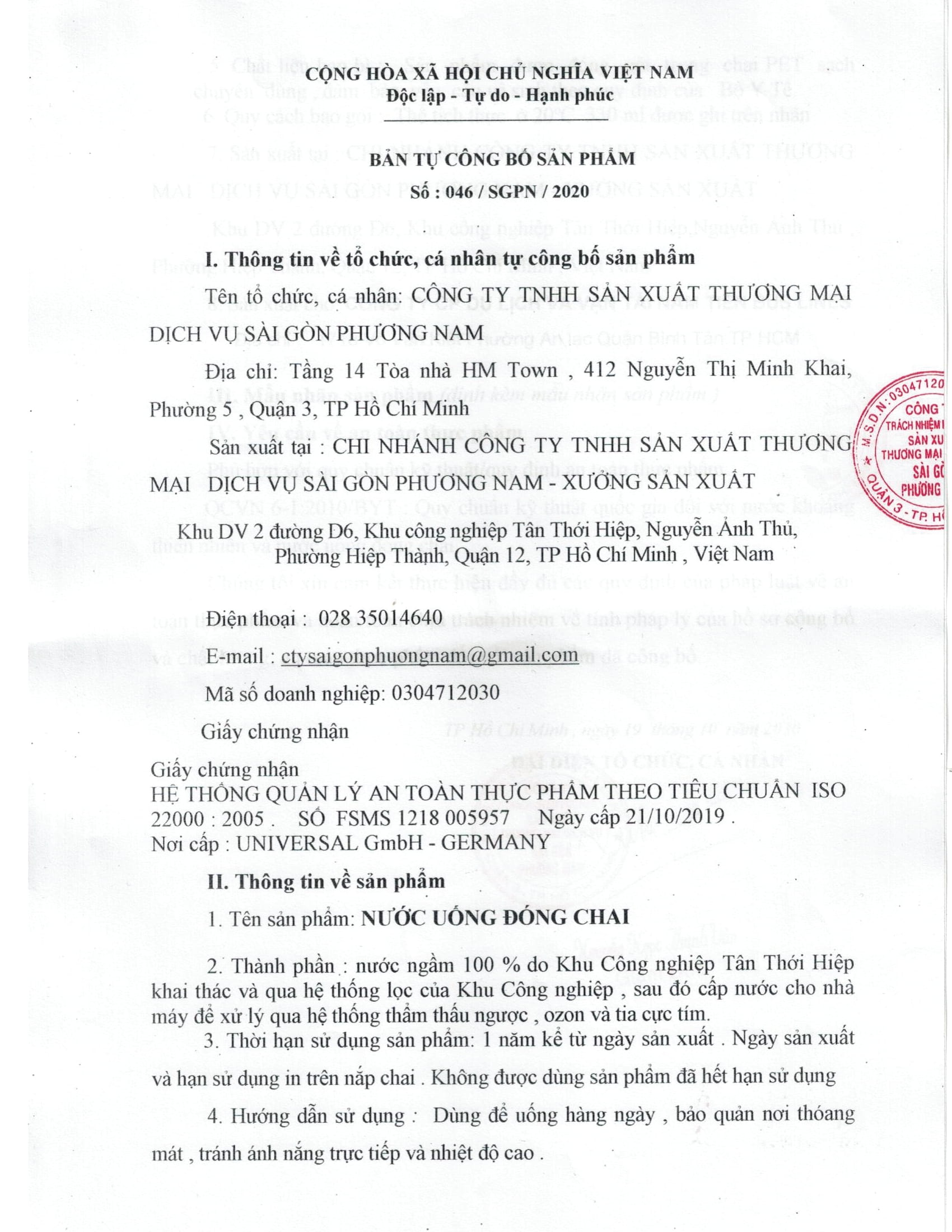HỒ SƠ TỰ CÔNG BỐ NƯỚC UỐNG ĐÓNG CHAI NAM TIẾN BUS LINES