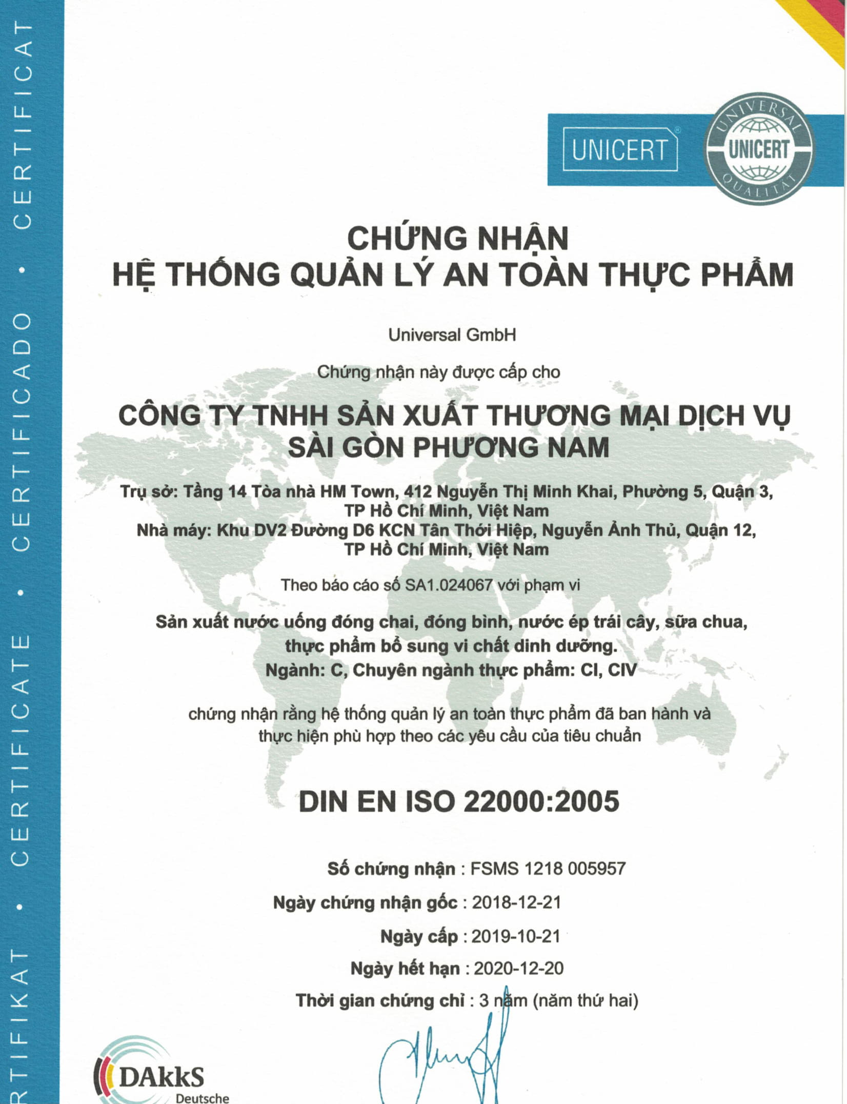 CHỨNG CHỈ ISO 22000:2005