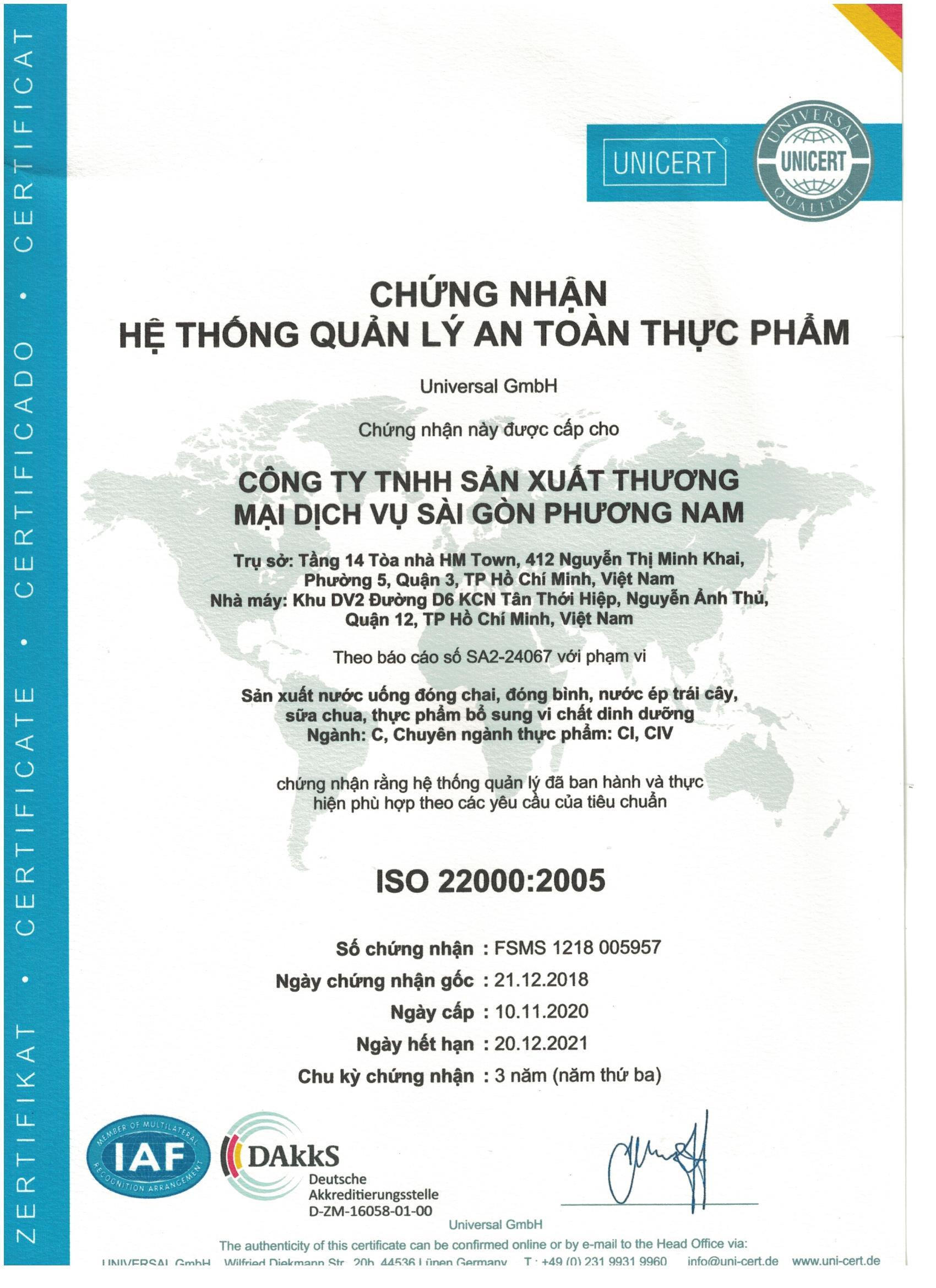 CHỨNG CHỈ ISO 22000:2005 (Năm 2021)