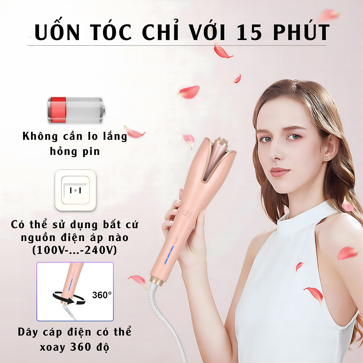 Máy làm tóc xoăn tự động, máy uốn tóc tự động VividSkin chống bỏng, máy uốn sóng nước size 25mm