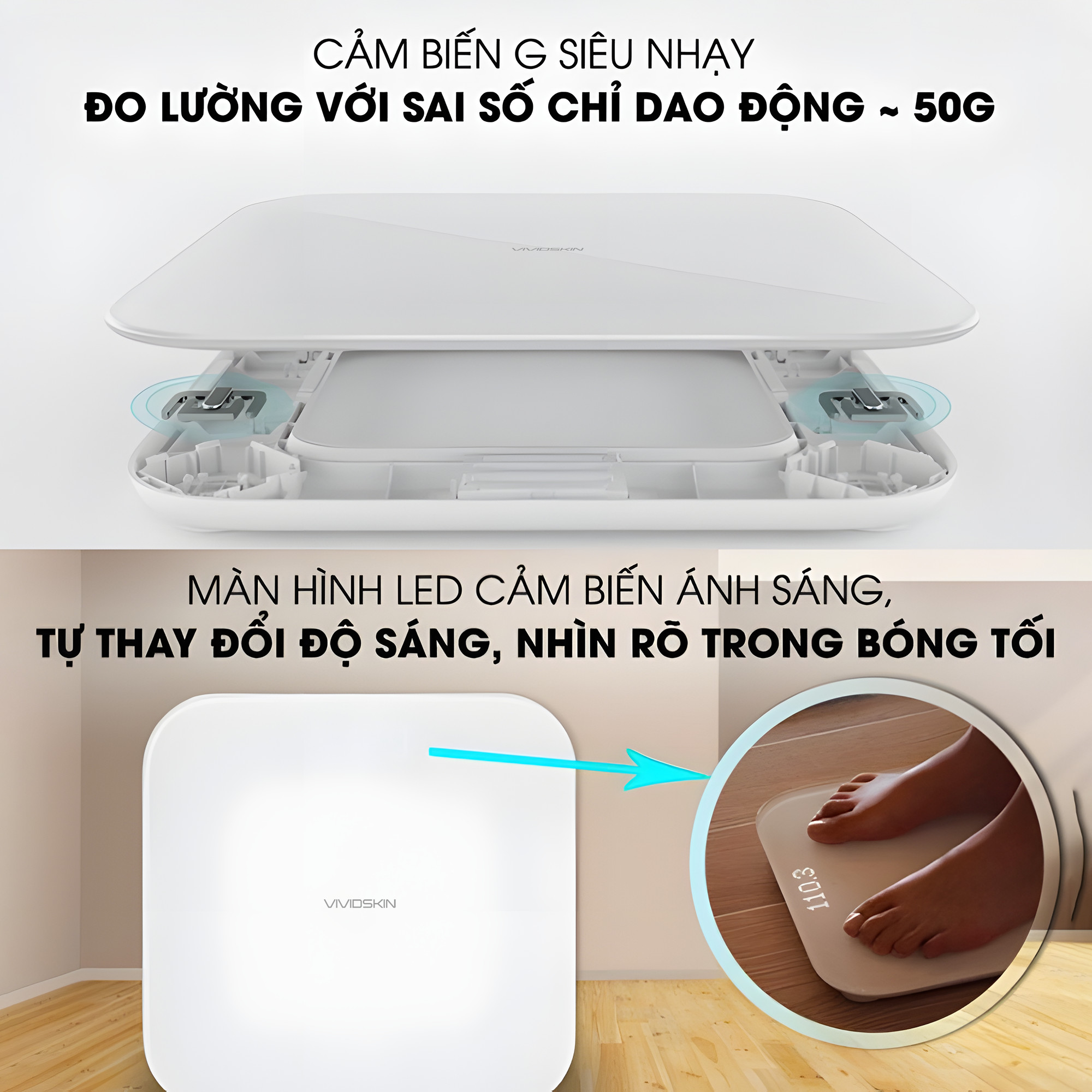 [Bảo hành chính hãng 1 năm] Cân Điện Tử Thông Minh Bluetooth Vivid Skin, phân tích BMI, Kết nối bluetooth, màn hình LED