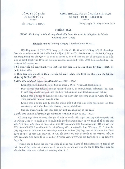 Thông Báo số19 /2024/TB-HĐQT ngày 9/4/2024 