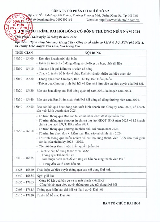 CHƯƠNG TRÌNH ĐẠI HỘI ĐỒNG CỔ ĐÔNG THƯỜNG NIÊN NĂM 2024