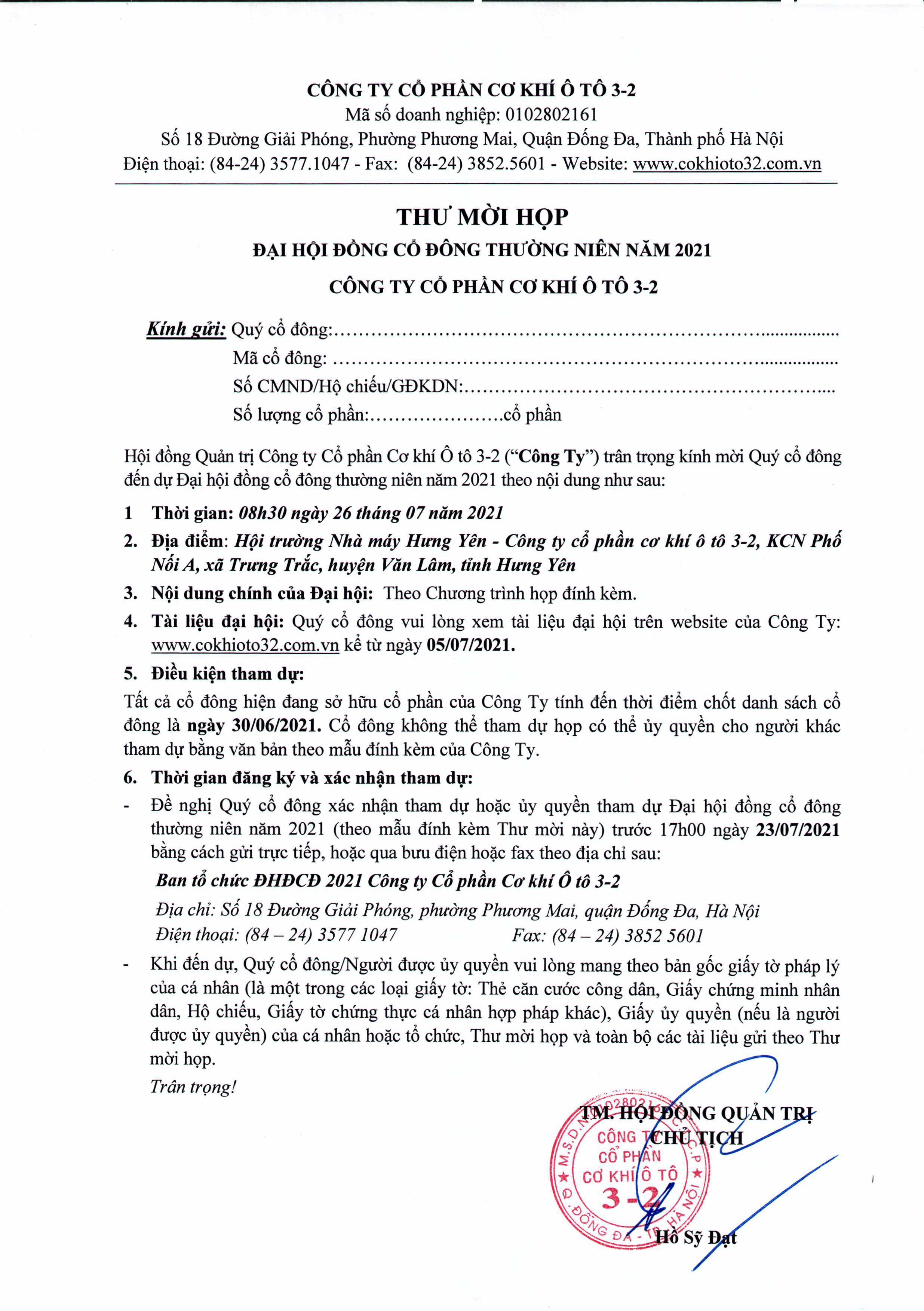 Thư mời họp và Tài liệu ĐHĐCĐ thường niên năm 2021