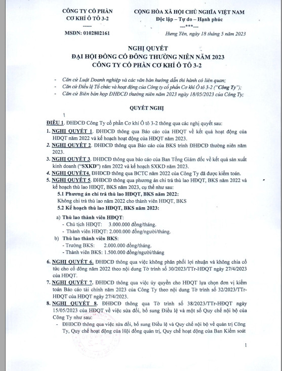 NGHỊ QUYẾT ĐẠI HỘI ĐỒNG CỔ ĐÔNG THƯỜNG NIÊN NĂM 2023 ngày 18/5/2023