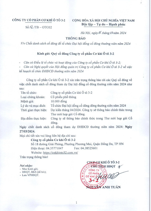 Thông báo 12/TB-OTO32 ngày 5.3.2024 V/v Chốt danh sách cổ đông để tổ chức Đại hội cổ đông thường niên năm 2024