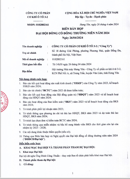 BIÊN BẢN HỌP ĐẠI HỘI ĐỒNG CỔ ĐÔNG THƯỜNG NIÊN NĂM 2024 (Ngày 26 tháng 4 năm 2024)