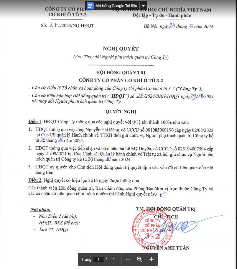 Số 27/2024/NQ-HĐQT ngày 29/10/20224 (V/v: Thay đổi Người phụ trách quản trị Công ty)