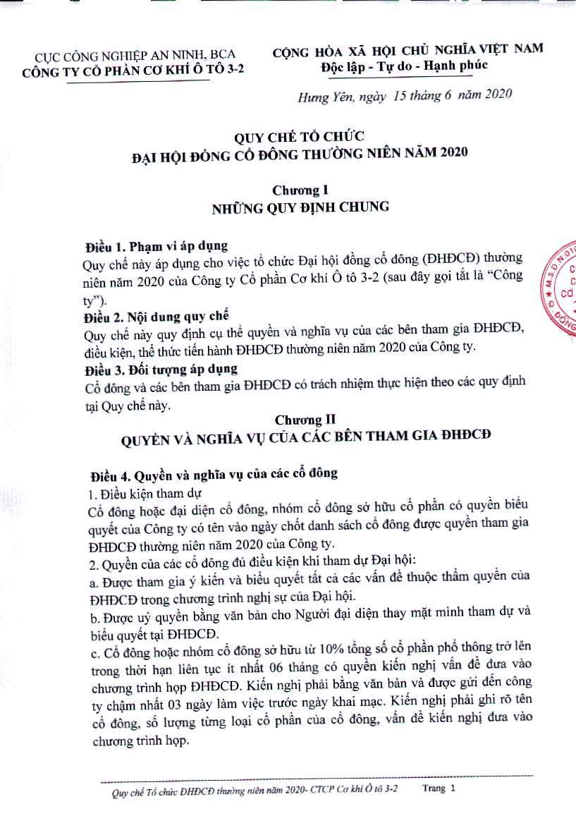 Quy chế tổ chức ĐHĐCĐ thường niên năm 2020