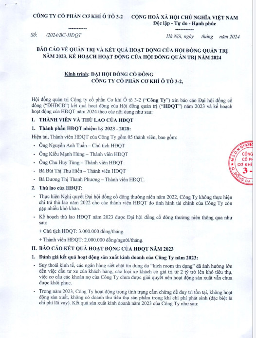 BÁO CÁO VỀ QUẢN TRỊ &KẾT QUẢ HOẠT ĐỘNG CỦA ĐẠI HỘI ĐỒNG QUẢN TRỊ NĂM 2023, KẾ HOẠCH HOẠT ĐỘNG CỦA HỘI ĐỒNG QUẢN TRỊ NĂM 2024