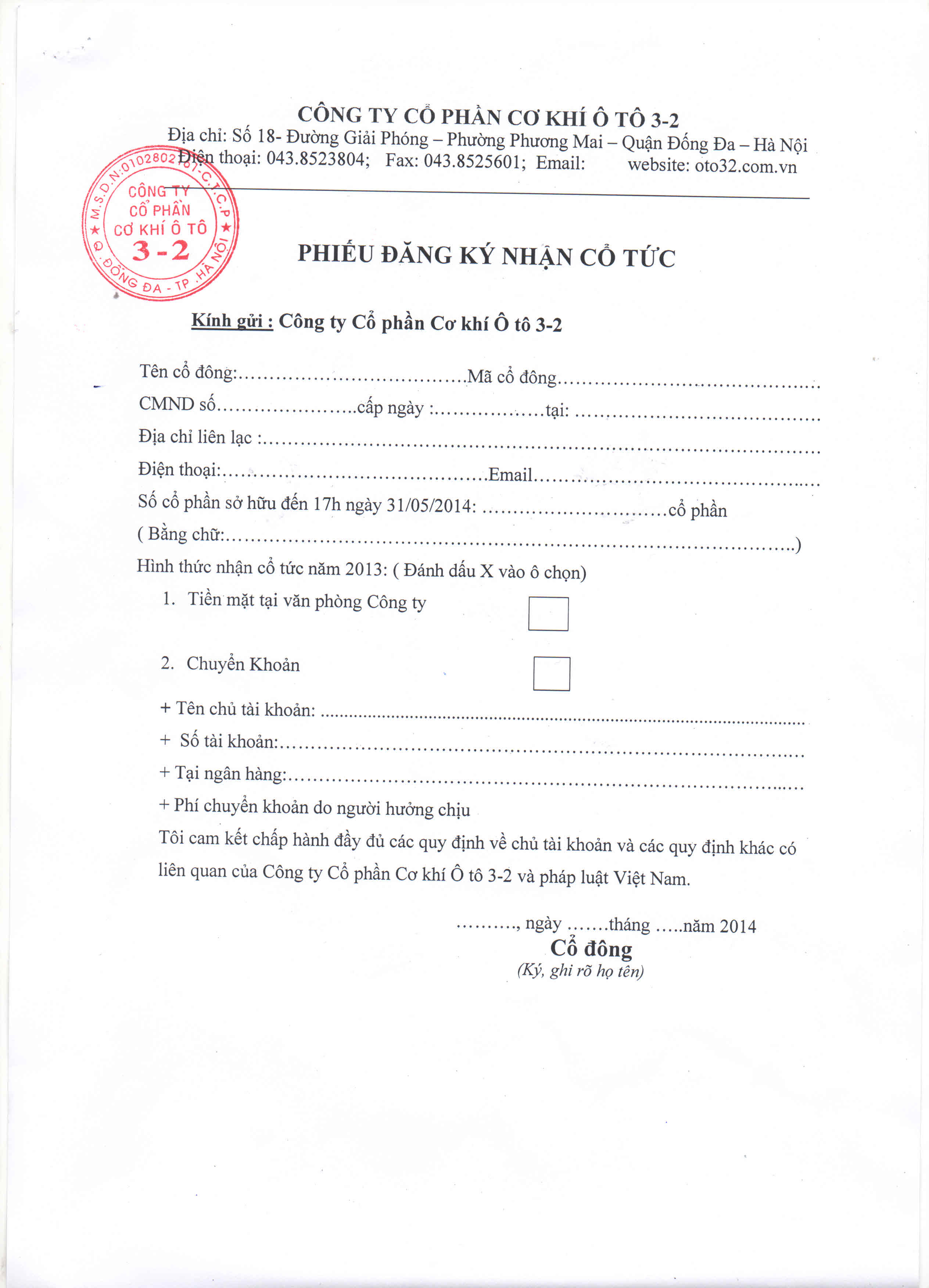 Phiếu đăng ký nhận cổ tức