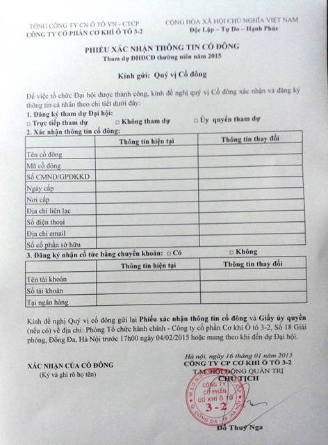 Phiếu xác nhận thông tin cổ đông tham dự ĐHĐCĐ 2015