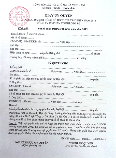 Giấy ủy quyền tham dự ĐHĐCĐ thường niên 2015