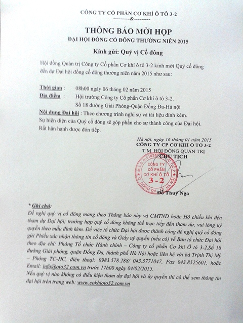 Thông báo mời họp ĐHĐCĐ thường niên 2015