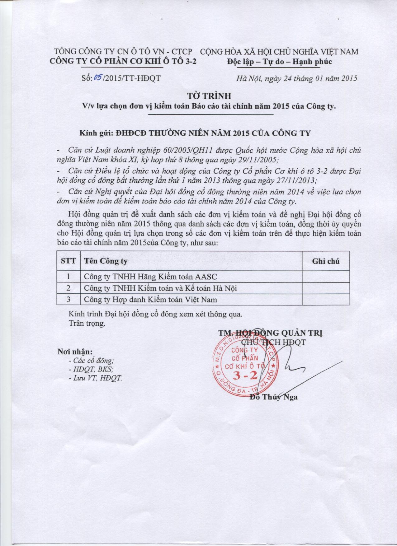 Tờ trình về việc lựa chọn đơn vị kiểm toán BCTC năm 2015 của Công ty
