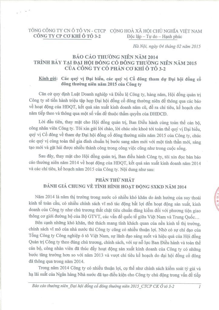Báo cáo thường niên năm 2014 trình bày tại ĐHĐCĐ thường niên năm 2015
