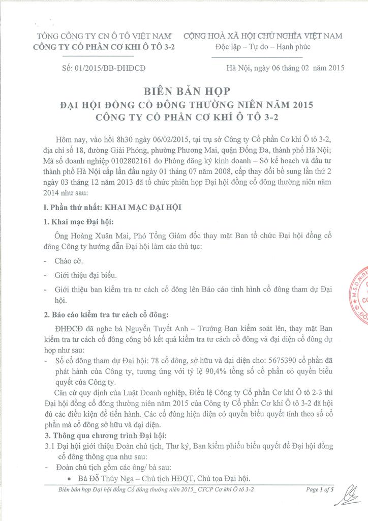 Biên bản cuộc họp ĐHĐCĐ thường niên năm 2015