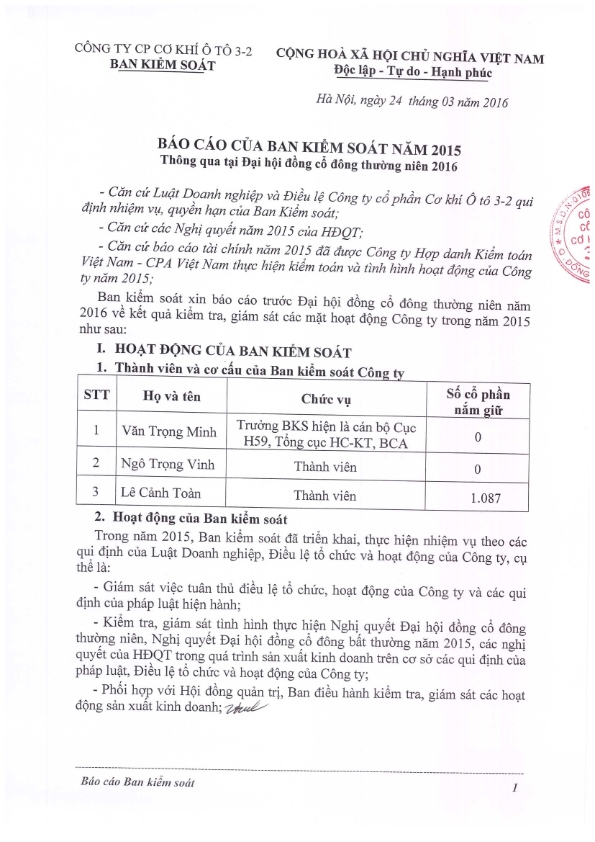 Báo cáo của Ban kiểm soát năm 2015