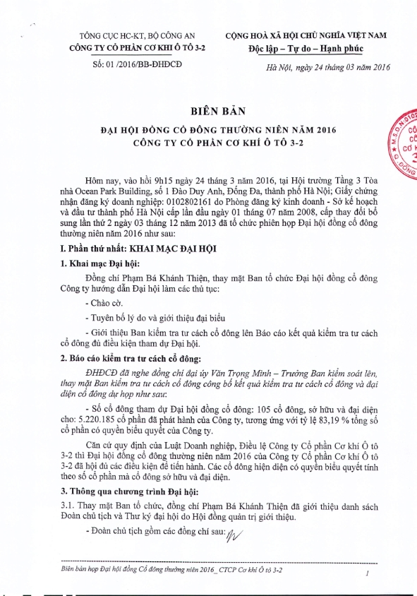 Biên bản Đại hội đồng cổ đông thường niên năm 2016