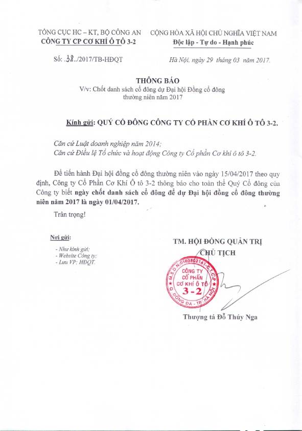 Thông báo chốt danh sách cổ đông dự Đại hội đồng cổ đông thường niên năm 2017