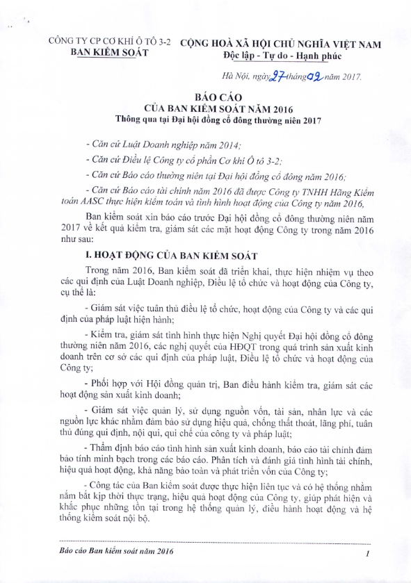 Báo cáo của Ban kiểm soát năm 2016