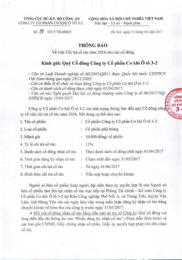 Thông báo chi trả cổ tức năm 2016