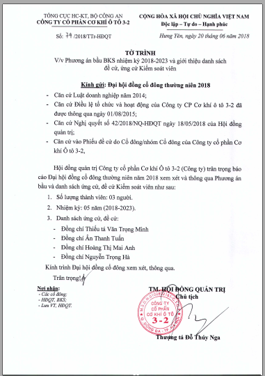 Tờ trình phương án bầu TV BKS và giới thiệu danh sách đề cử/ứng cử TV BKS nhiệm kỳ 2018-2023