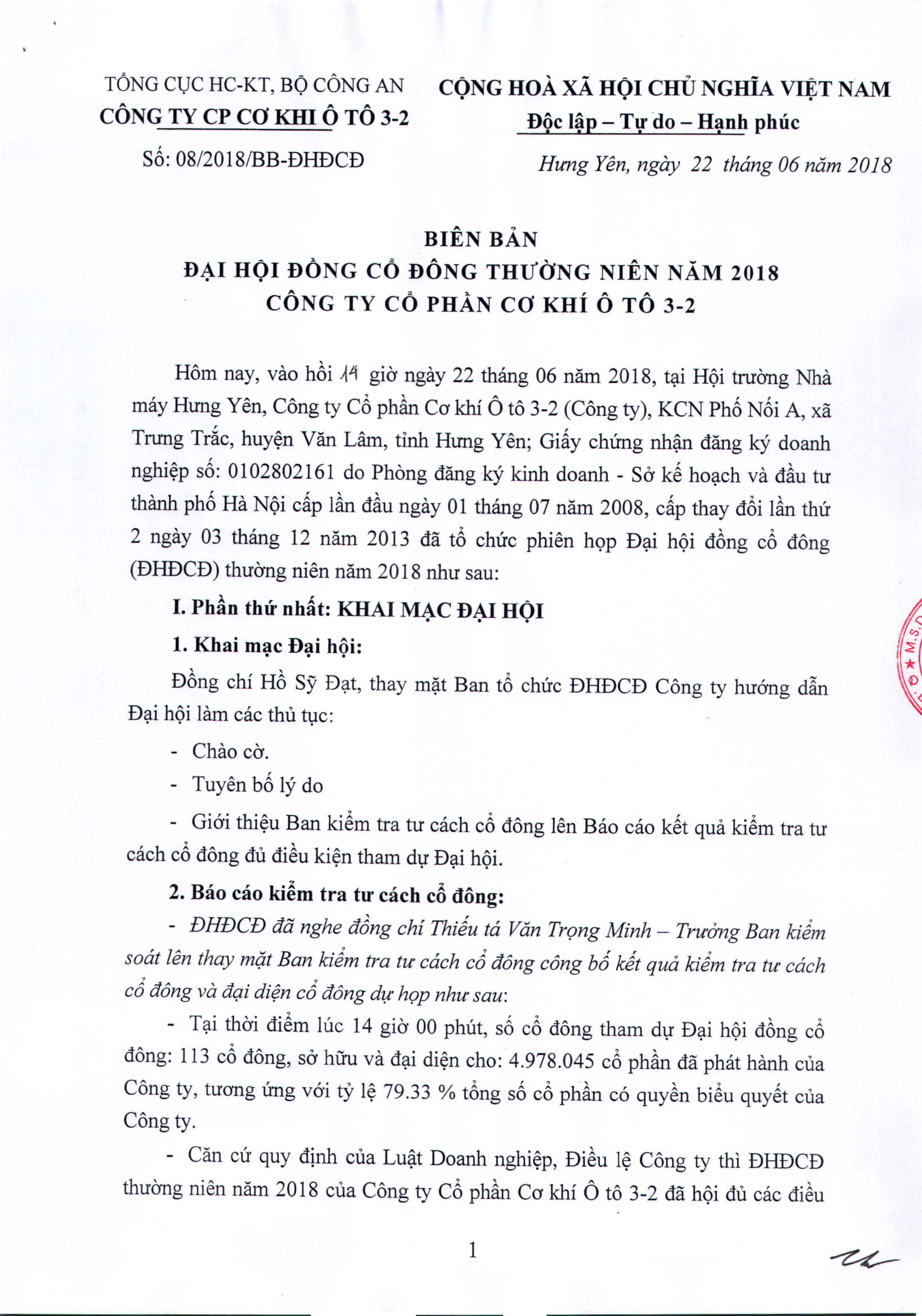 Biên bản họp Đại hội đồng cổ đông thường niên năm 2018
