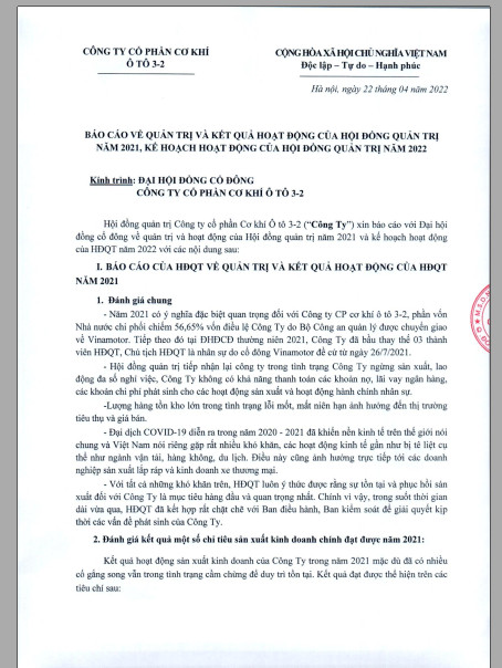 BÁO CÁO VỀ QUẢN TRỊ VÀ KẾT QUẢ HOẠT ĐỘNG CỦA HỘI ĐỒNG QUẢN TRỊ NĂM 2021, KẾ HOẠCH HOẠT ĐỘNG CỦA HỘI ĐỒNG QUẢN TRỊ NĂM 2022