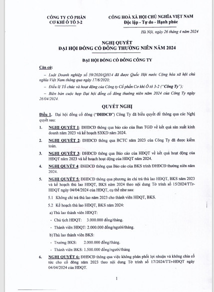 NGHỊ QUYẾT ĐẠI HỘI ĐỒNG CỔ ĐÔNG THƯỜNG NIÊN NĂM 2024  (Ngày 26 tháng 4 năm 2024)