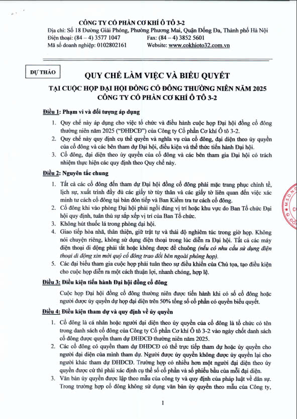 Quy chế làm việc và biểu quyết tại cuộc họp Đại hội đồng cổ đông thường niên năm 2025