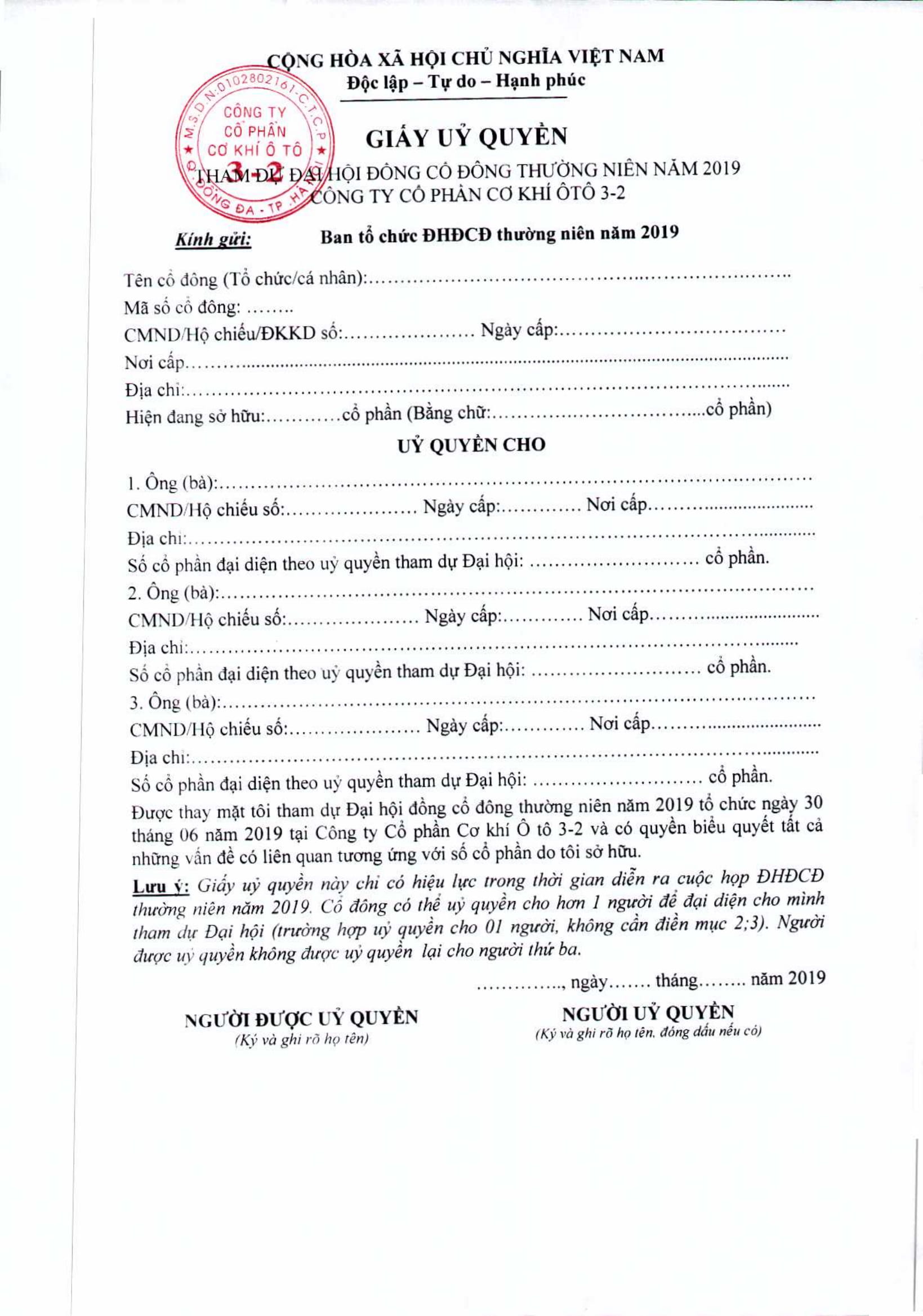 Giấy ủy quyền tham dự ĐHĐCĐ  Thường niên năm 2019