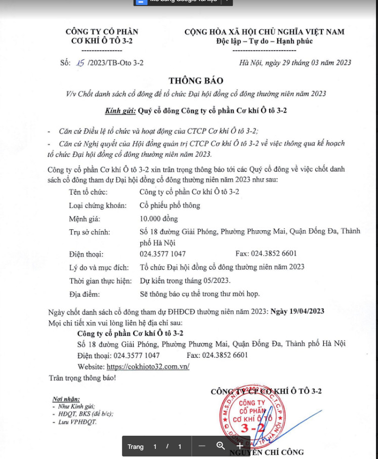 Thông báo chốt danh sách cổ đông để tổ chức Đại hội cổ đông thường niên năm 2023