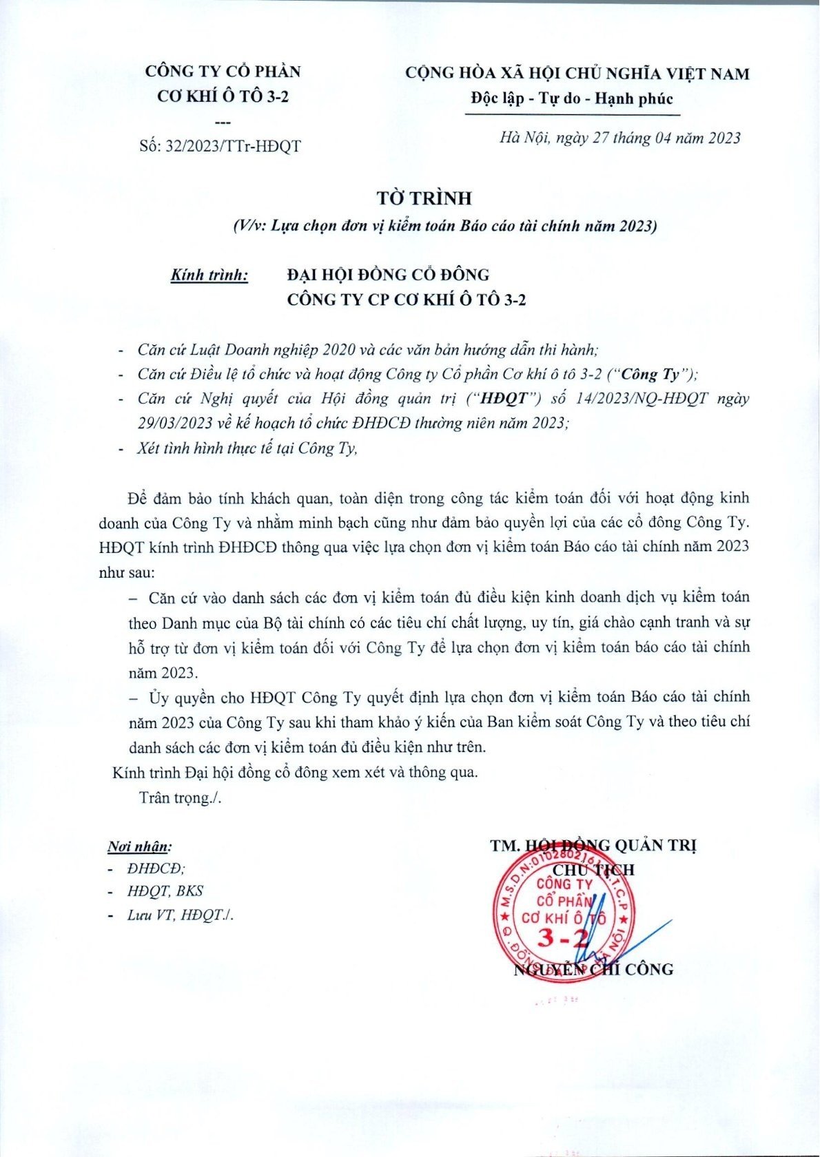 Tờ trình số 32/HĐQT ngày 27/4/2023 (Vv Lựa chọn đơn vị kiểm toán  Báo cáo tài chính năm 2023)