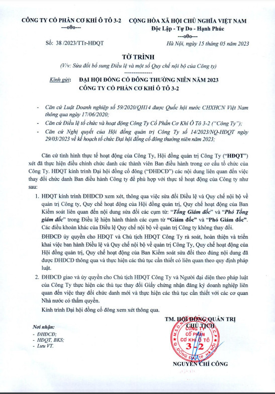 Tờ trình số 38/2023/TTr-HĐQT ngày 15/5/2023 V/v: Sửa đổi bổ sung Điều  lệ và một số Quy chế nội bộ của Công ty)