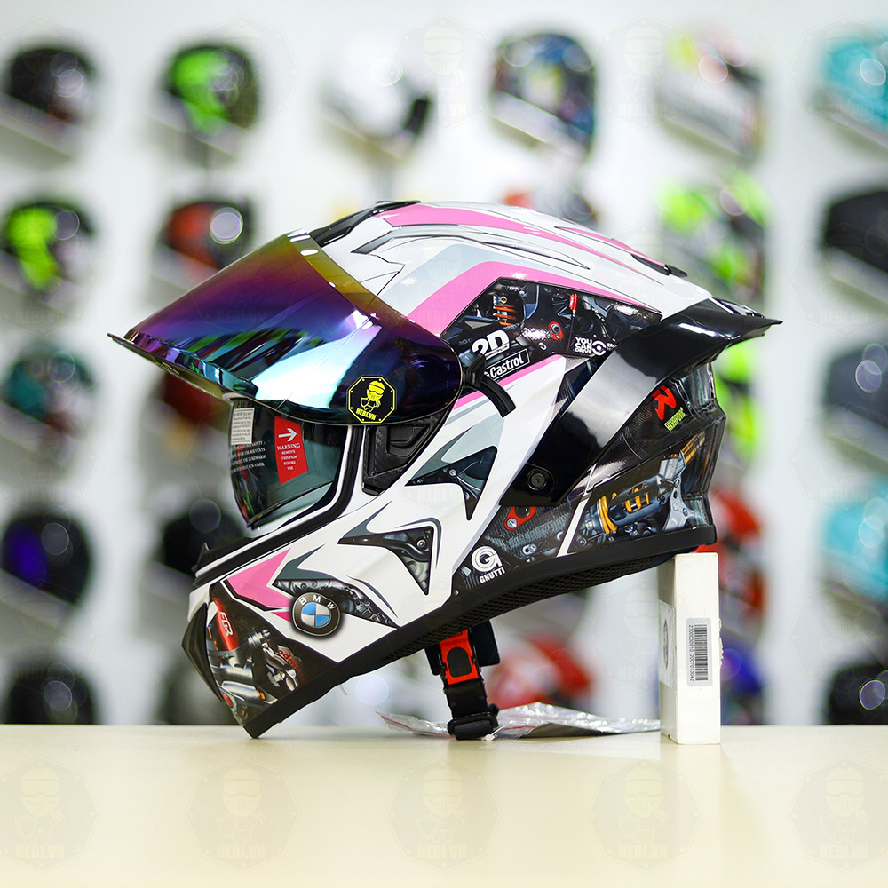 Mũ Fullface EGO E81 Trắng Bóng + Tem  BMW Trắng Hồng FREESHIP