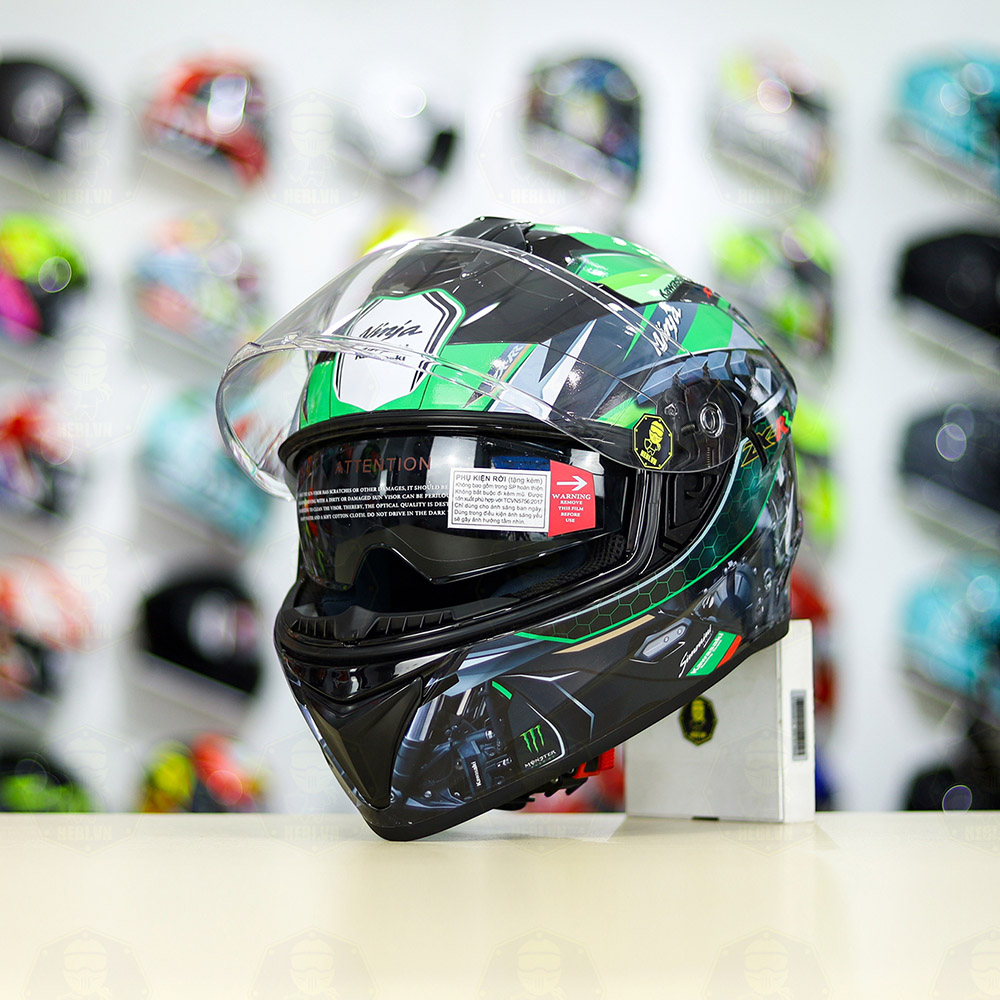 Mũ Fullface E81 Đen Bóng + Dán Tem Decal Kawasaki Ninja FREESHIP